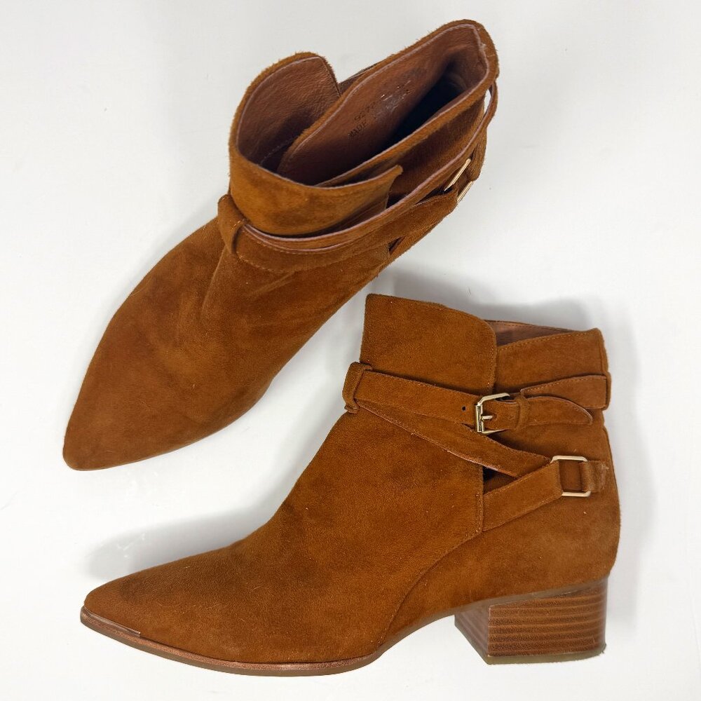 Jeffrey Campbell x Free People Tan Brown Suede Ankle Boots Gold Buckle Size US 9